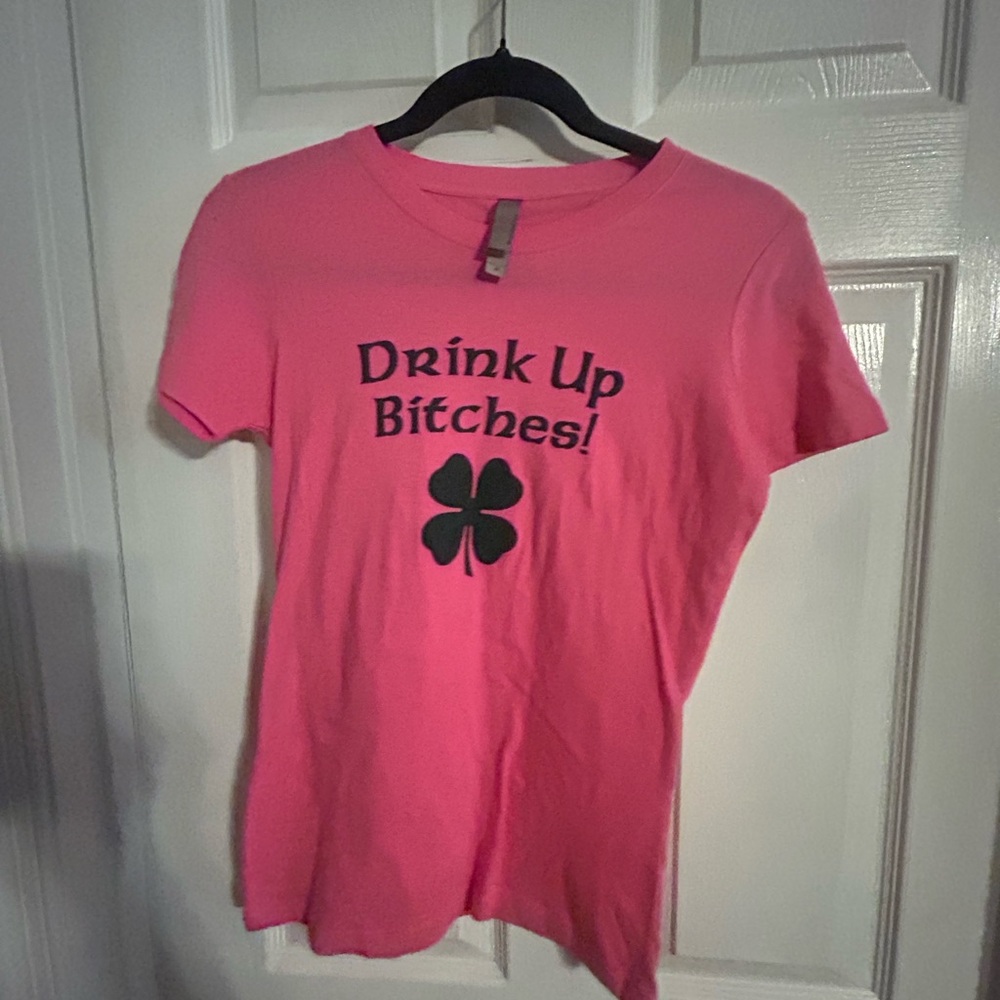 Next Level Apparel Bright Pink Tee with Black Text